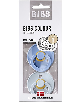 Bibs Set di 2 Ciucci Colour - Celeste e Nuvola - Tettarella in Gomma Naturale - Made in Denmark - con Mascherina Rotonda e Tettarella - Senza BPA, PVC e Ftalati Ciucci