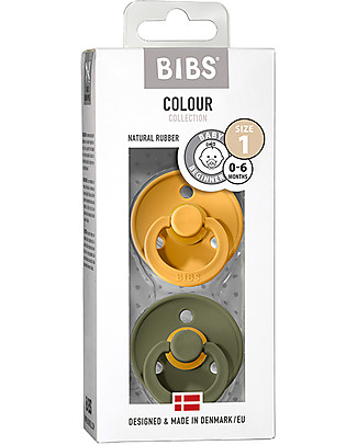 Bibs Set di 2 Ciucci Colour - Giallo di Miele & Oliva - Tettarella in Gomma Naturale - Made in Denmark - con Mascherina Rotonda e Leggera - Senza BPA, PVC e Ftalati Ciucci