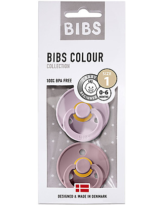 Bibs Set di 2 Ciucci Colour - Lilla Chiaro & Rosa Antico - Tettarella in Gomma Naturale - Made in Denmark - con Mascherina Rotonda e Leggera - Senza BPA, PVC e Ftalati Ciucci