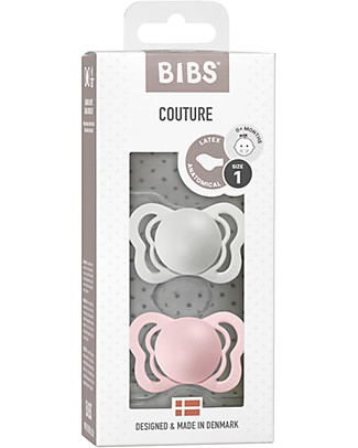 Bibs Set di 2 Ciucci Couture - Grigio Chiaro & Rosa - Gomma Naturale - Privo di BPA PVC e Ftalati - Made in Denmark Ciucci