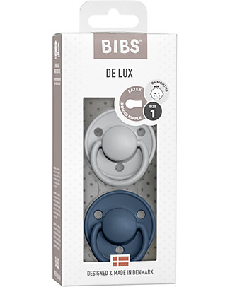 Bibs Set di 2 Ciucci De Lux - Grigio Chiaro & Blu Acciaio - Gomma Naturale - Privo di BPA PVC e Ftalati - Made in Denmark Ciucci