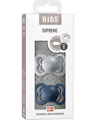 Bibs Set di 2 Ciucci Supreme - Grigio Chiaro & Blu Acciaio - Silicone - Made in Denmark - con Mascherina Rotonda e Leggera - Senza BPA, PVC e Ftalati Ciucci
