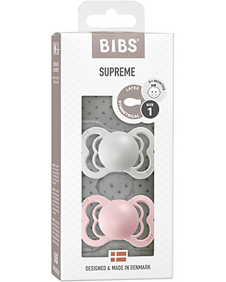 Bibs Set di 2 Ciucci Supreme - Grigio Chiaro & Rosa - Gomma Naturale - Made in Denmark - con Mascherina Rotonda e Leggera - Senza BPA, PVC e Ftalati Ciucci