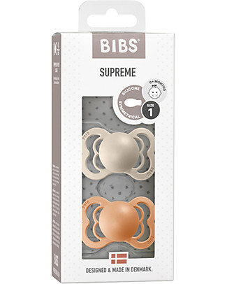 BIBS Set di 2 Ciucci Supreme - Vaniglia & Pesca - Silicone - Made in Denmark - con Mascherina Rotonda e Leggera - Senza BPA, PVC e Ftalati Ciucci