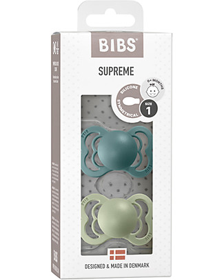 BIBS Set di 2 Ciucci Supreme - Verde Acqua & Salvia - Silicone - Made in Denmark - con Mascherina Rotonda e Leggera - Senza BPA, PVC e Ftalati Ciucci