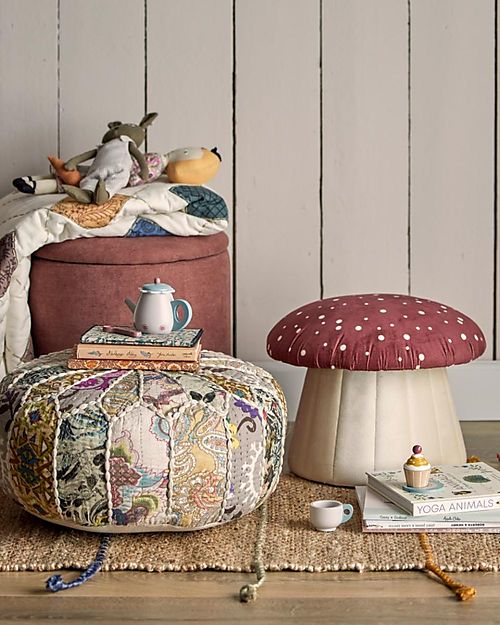 Bloomingville Pouf Poggiapiedi e Sedia Lue - Fungo - Rosso - Legno di Pino Pouf