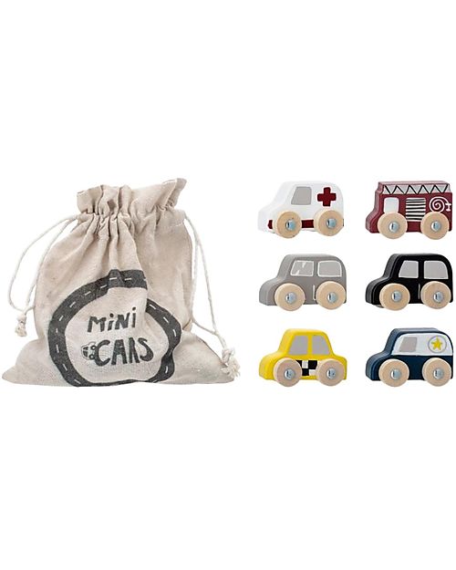 Bloomingville Set da 6 Macchinine, Multicolor - Zainetto Morbido Incluso! Macchine e Trenini  in Legno