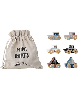 Bloomingville Set da 6 mini barche, Multicolor - Zainetto Morbido Incluso! Giochi da Tirare e Spingere