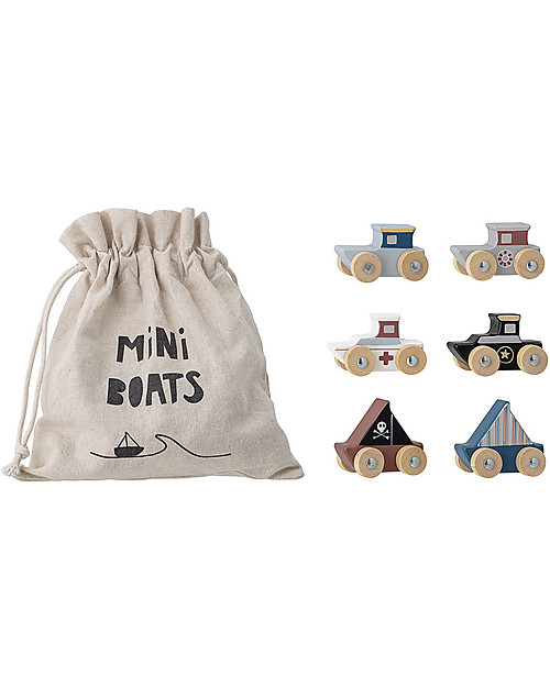 Bloomingville Set da 6 mini barche, Multicolor - Zainetto Morbido Incluso! Macchine e Trenini  in Legno