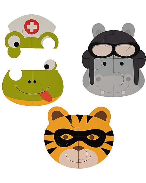 Bo Jungle Set 3 Puzzle Adesivi Animali - Tigre Ippopotamo Rana - 3+ Anni Puzzle