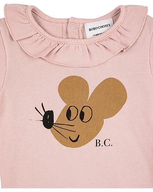 Bobo Choses Body Manica Lunga - Mouse - Rosa Salmone - Collo con Volant - Cotone Bio Body Manica Lunga