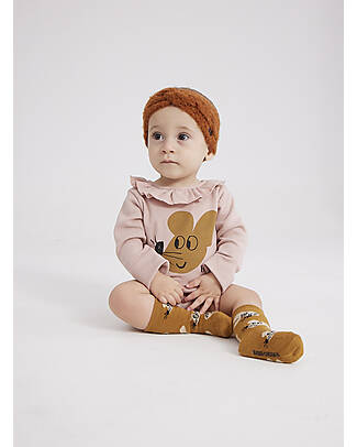 Bobo Choses Body Manica Lunga - Mouse - Rosa Salmone - Collo con Volant - Cotone Bio Body Manica Lunga