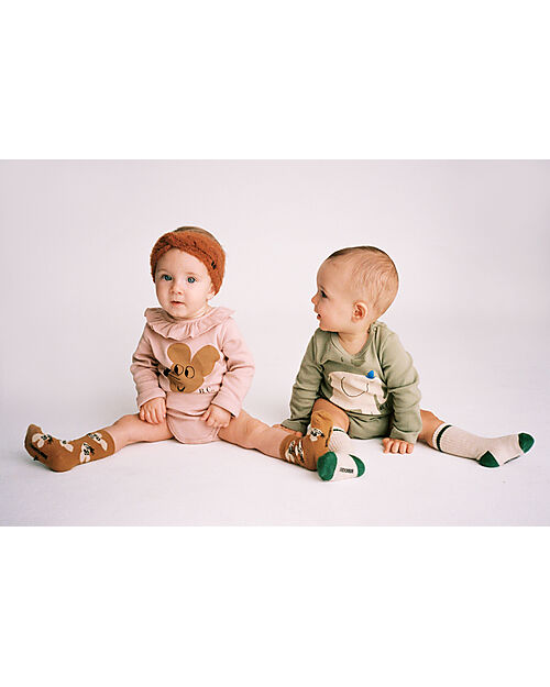 Bobo Choses Body Manica Lunga - Mouse - Rosa Salmone - Collo con Volant - Cotone Bio Body Manica Lunga