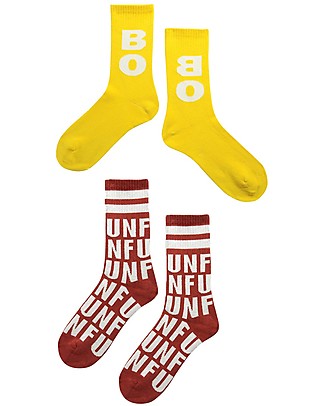 Bobo Choses Calzini Bobo con Scritta - Pacco da 2 Paia - Giallo e Rosso - Cotone Biologico Calzini