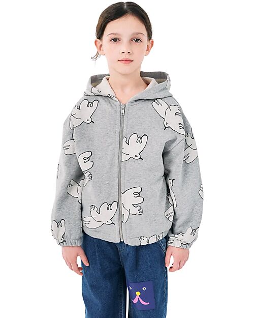 Bobo Choses Felpa con Cappuccio - Uccellini - Grigio Chiaro - Cotone Bio Felpe