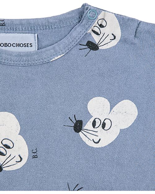 Bobo Choses Maglia Maniche Lunghe - Mouse - All Over Celeste - 100% Cotone Bio Maglie Manica Lunga