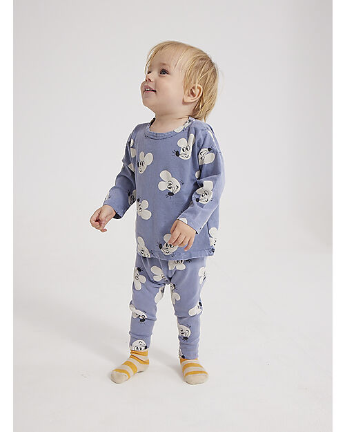 Bobo Choses Maglia Maniche Lunghe - Mouse - All Over Celeste - 100% Cotone Bio Maglie Manica Lunga