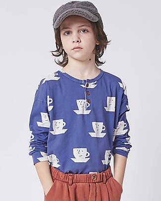 Bobo Choses Maglietta a maniche lunghe con bottoncini - Tazze - Blu - 100% Cotone organico T-Shirt e Canotte