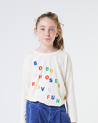 Bobo Choses Maglietta a Maniche Lunghe con Scritta - Bianco Antico - Jersey di Cotone Bio Maglie Manica Lunga