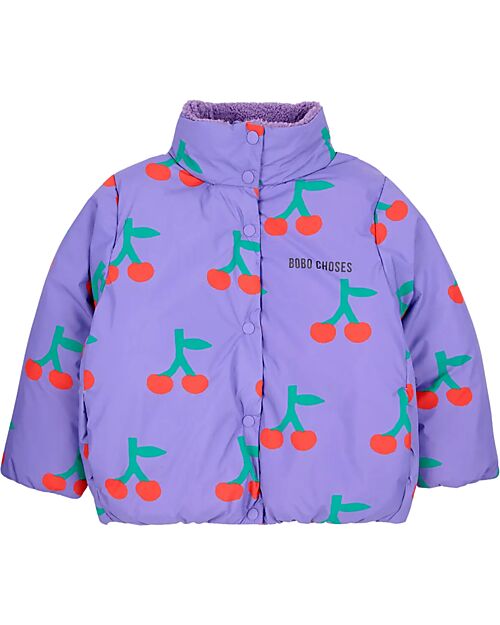 Bobo Choses Piumino con Bottoni Frontali e Zip - Ciliegie - Lavanda - 100% Materiale Riciclato Piumini