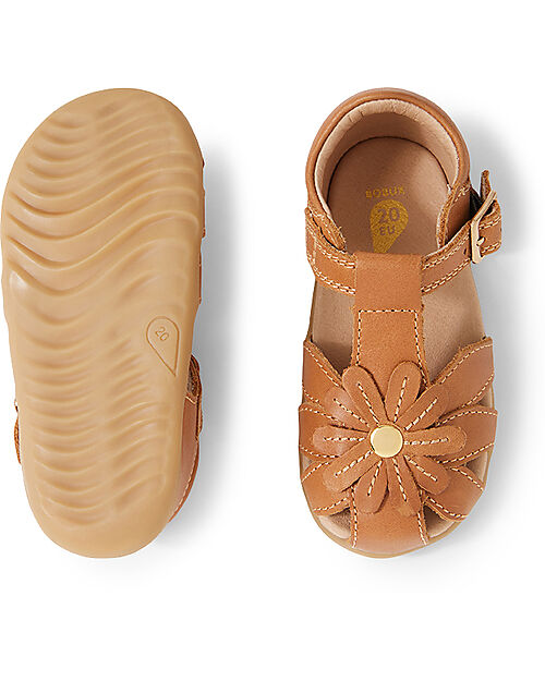 Bobux Sandalo Step Up Petal - Caramello - con Fiore Applicato - Primi Passi Sandali