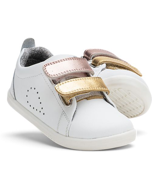 Bobux Scarpina I Walk Grass Court Switch - Bianco - Strap Rose Gold e Gold - Camminatori Esperti Sneakers