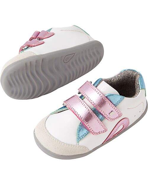 Bobux Scarpine Step Up Blaze - Bianco e Rosa Metallizato - Pelle Premium - Primi Passi Scarpe