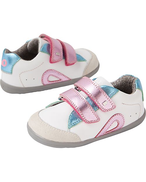 Bobux Scarpine Step Up Blaze - Bianco e Rosa Metallizato - Pelle Premium - Primi Passi Scarpe