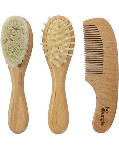 BoJungle Set 3 Spazzole Bambino in Legno - Setole Morbide Cura dei Capelli