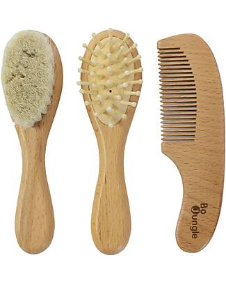 BoJungle Set 3 Spazzole Bambino in Legno - Setole Morbide Cura dei Capelli