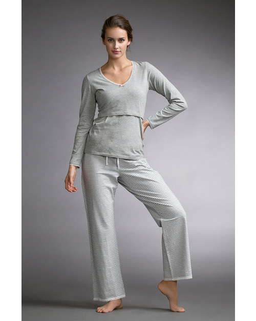 Boob Pantaloni del Pigiama Premaman e Post Parto - Fantasia a Righe Bianco Avorio/Grigio - Cotone Bio - Pigiami