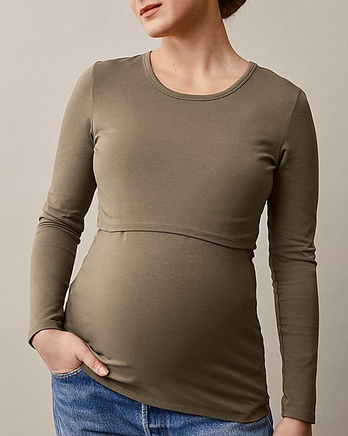 Boob Top Maniche Lunghe Premaman e Allattamento Classic - Verde Kaki- Cotone Bio Maglie Manica Lunga