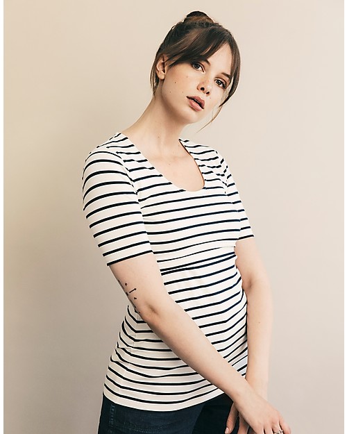 Boob Top Premaman e Allattamento Simone - Righe Tofu e Blu - Cotone Bio T-shirt