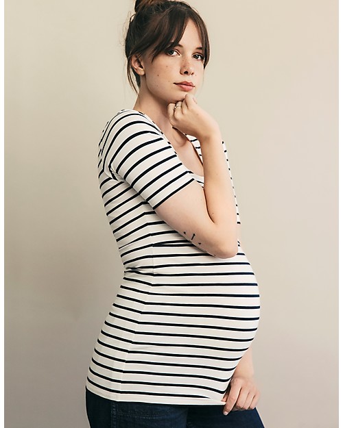 Boob Top Premaman e Allattamento Simone - Righe Tofu e Blu - Cotone Bio T-shirt