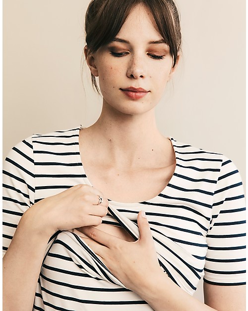 Boob Top Premaman e Allattamento Simone - Righe Tofu e Blu - Cotone Bio T-shirt