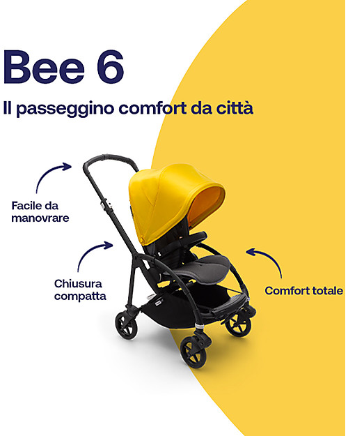 Bugaboo Bugaboo Bee 6 - Passeggino dalla Nascita ai 4 Anni - Telaio Nero+Rivestimento Giallo - Massima manovrabilità in città Passeggini Leggeri