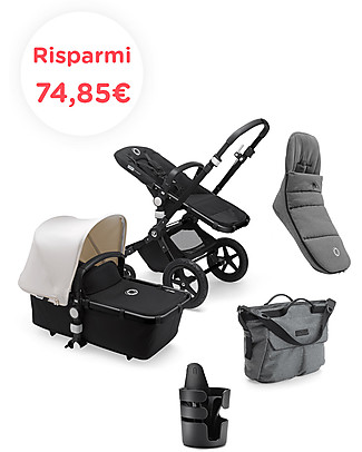 Bugaboo Bugaboo Cameleon 3 Plus Passeggino con Seduta e Navicella - Cappottina Bianca + Sacco a Pelo Grigio Melange + Borsa Cambio Grigio melange e Portabevande Passeggini