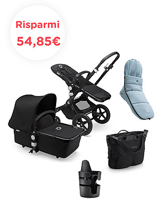 Bugaboo Bugaboo Cameleon 3 Plus Passeggino con Seduta e Navicella - Cappottina Nera + Sacco a Pelo Azzurro Vapore + Borsa Cambio Nera e Portabevande Passeggini