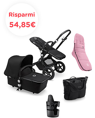 Bugaboo Bugaboo Cameleon 3 Plus Passeggino con Seduta e Navicella - Cappottina Nera + Sacco a Pelo Rosa + Borsa Cambio Nera e Portabevande Passeggini