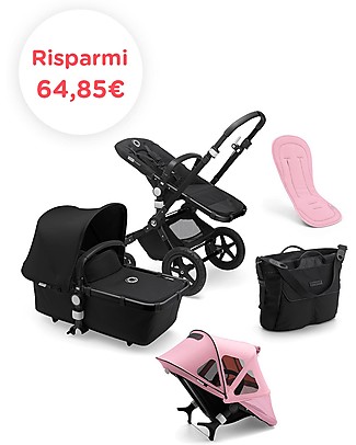Bugaboo Bugaboo Cameleon 3 Plus Passeggino con Seduta e Navicella - Cappottina Nera + Seduta traspirante e Cappottina Breezy Rosa + Borsa Cambio Nera Passeggini