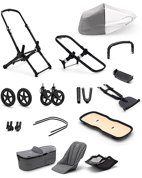 Bugaboo Bugaboo Completo Fox 3 - Carrozzina e Passeggino - Telaio Nero + Rivestimento e Cappottina Grigio Mélange Passeggini Trio e Duo