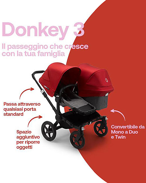 Bugaboo Bugaboo Donkey 3 Fratellare - Carrozzina e Passeggino - Grigio Mélange e Rosso - Si converte in mono in soli 3 click! Passeggini Gemellari
