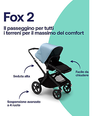 Bugaboo Bugaboo Fox 2 - Carrozzina e Passeggino Multiterreno 2in1 - Telaio Nero+Rivestimento Nero+Cappottina Azzurro Vapore Passeggini