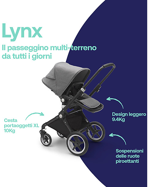 Bugaboo Bugaboo Lynx - Telaio Nero + Rivestimento Grigio Mélange - Passeggino + Navicella Passeggini Classici