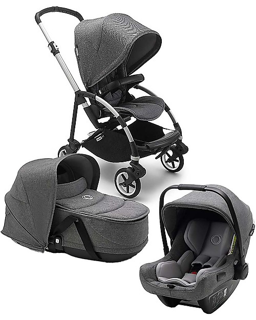 Bugaboo Trio Bee 6 Grigio Melange con Navicella e Seggiolino Auto Turtle Air Grigio Melange- Adattatori inclusi! Passeggini Trio e Duo
