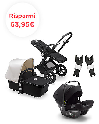 Bugaboo Trio Cameleon 3 Plus Bianco e Seggiolino Auto Turtle Air Nero - Adattatori inclusi! Sistemi Combinabili per Trio