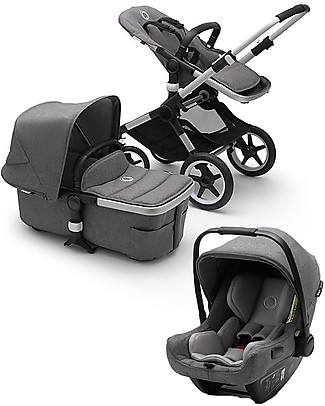 Bugaboo Trio Fox2 Grigio Mélange - Telaio in Alluminio con Base Isofix e Seggiolino Auto Turtle Air Grigio Mélange - Adattatori inclusi! Sistemi Combinabili per Trio