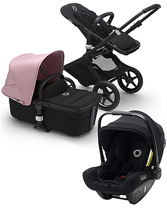 Bugaboo Trio Fox2 Nero con Cappottina Rosa e Seggiolino Auto Turtle Air Nero - Scelto da Chiara Ferragni! Sistemi Combinabili per Trio