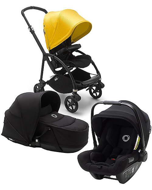 Bugaboo Trio Passeggino Bee 6 Giallo Limone con Navicella e Seggiolino Auto Turtle Air Nero - Adattatori inclusi! Passeggini Trio e Duo