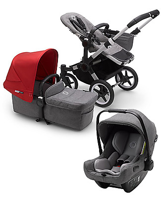 Bugaboo Trio Passeggino Donkey 3 Grigio Mélange con Cappottina Rossa e Seggiolino Turtle Air Grigio Mélange Sistemi Combinabili per Trio
